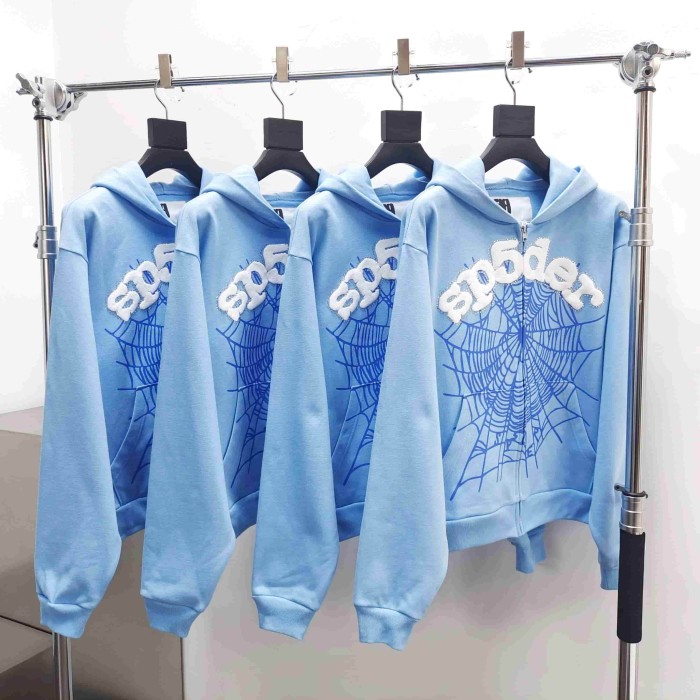 [Big & Tall for weights up to 220 lbs]1:1 quality version Rhinestone Light Blue Spider Web Zip Up Hoodie & Shorts Set 29204992