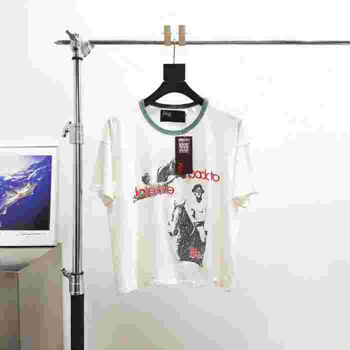 [Big & Tall for weights up to 220 lbs]1:1 quality version Double Horse Green Collar Beige Print Washed Tee 29213969