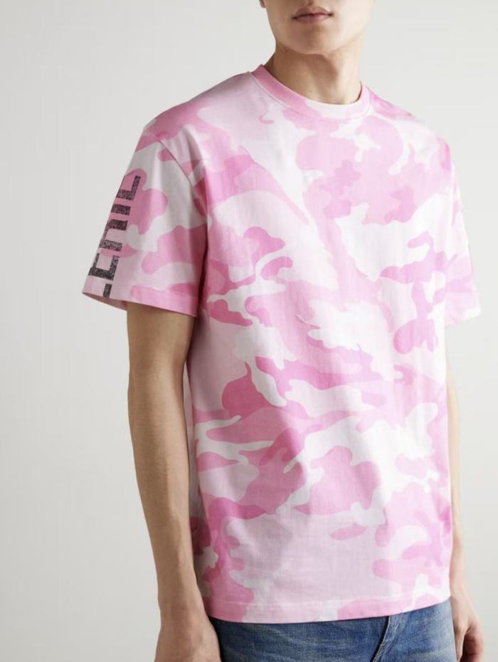 [Big & Tall for weights up to 220 lbs]1:1 quality version Pink Camo Vertical French Text Print Washed Tee 29213963