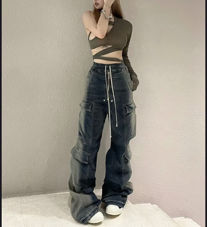 1:1 quality version Washed Workwear Big Pocket Wide Leg Jeans 2 colors 29214046