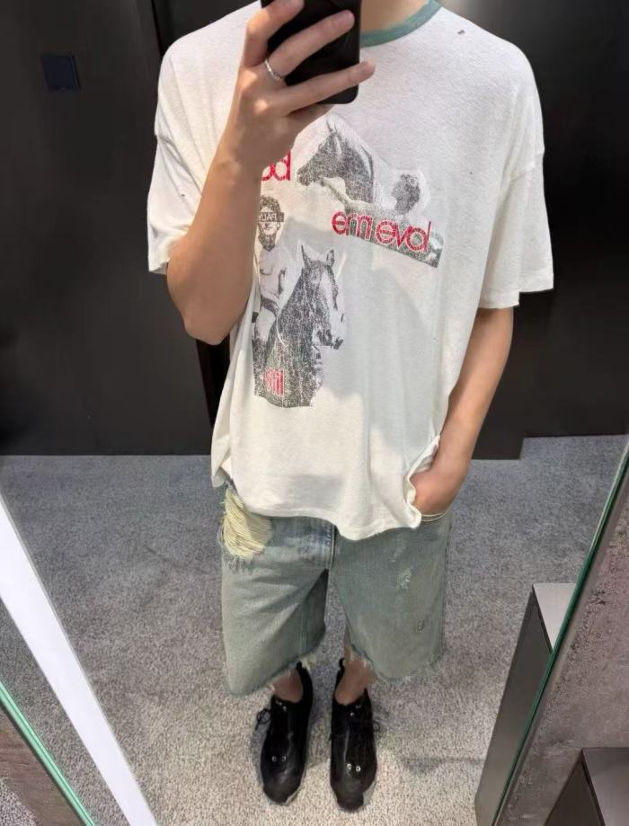 [Big & Tall for weights up to 220 lbs]1:1 quality version Double Horse Green Collar Beige Print Washed Tee 29213969