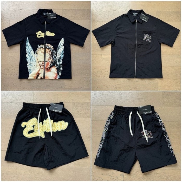 Angel Letter Print Rhinestone Woven Shirt & Shorts Set 2 colors 29219237