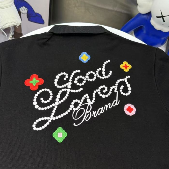 Air Layer Pique Unisex Streetwear Cursive Rhinestone Slogan Colorful Floral Embroidery Lapel Polo Shirt 2 colors 29220108