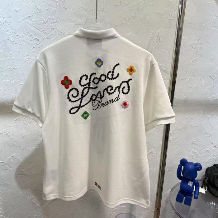 Air Layer Pique Unisex Streetwear Cursive Rhinestone Slogan Colorful Floral Embroidery Lapel Polo Shirt 2 colors 29220108