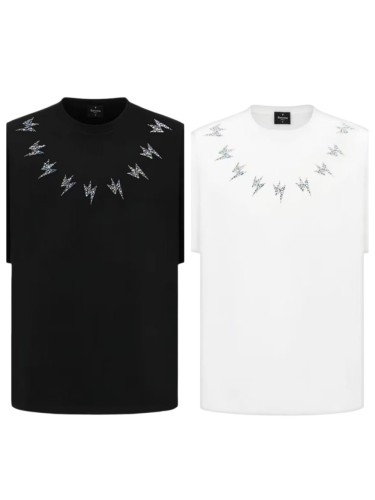 Holographic Rhinestone Lightning Bolt Neck Gothic Back Letter Print T-shirt 2 colors 29220646