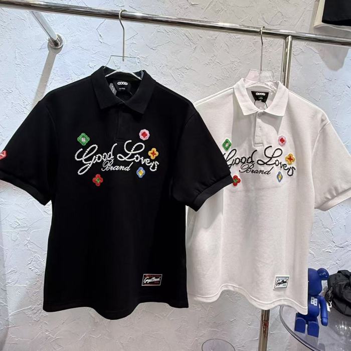 Air Layer Pique Unisex Streetwear Cursive Rhinestone Slogan Colorful Floral Embroidery Lapel Polo Shirt 2 colors 29220108