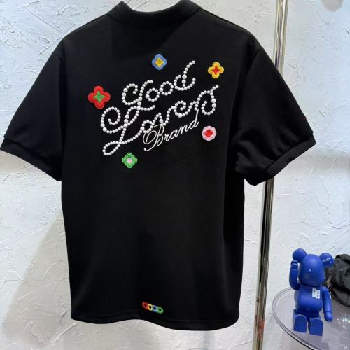 Air Layer Pique Unisex Streetwear Cursive Rhinestone Slogan Colorful Floral Embroidery Lapel Polo Shirt 2 colors 29220108