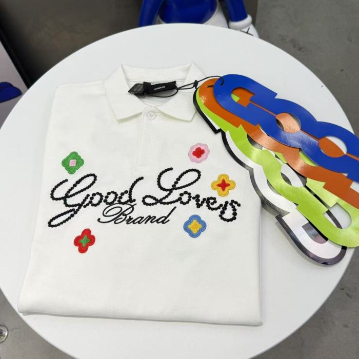 Air Layer Pique Unisex Streetwear Cursive Rhinestone Slogan Colorful Floral Embroidery Lapel Polo Shirt 2 colors 29220108