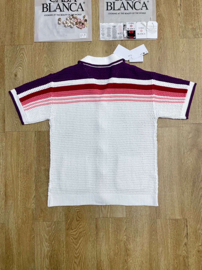 1:1 quality version Purple Red Pink Gradient Horizontal Striped Embroidered Badge Knit Shirt & Shorts Set 29220621