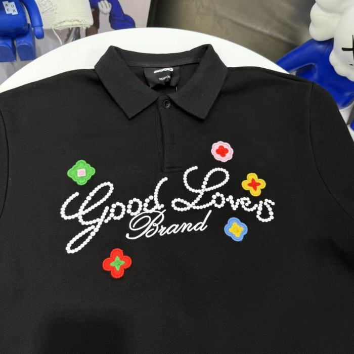 Air Layer Pique Unisex Streetwear Cursive Rhinestone Slogan Colorful Floral Embroidery Lapel Polo Shirt 2 colors 29220108