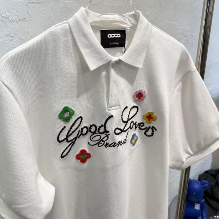 Air Layer Pique Unisex Streetwear Cursive Rhinestone Slogan Colorful Floral Embroidery Lapel Polo Shirt 2 colors 29220108