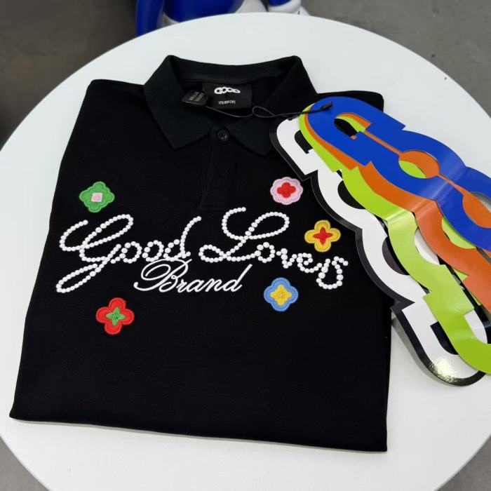 Air Layer Pique Unisex Streetwear Cursive Rhinestone Slogan Colorful Floral Embroidery Lapel Polo Shirt 2 colors 29220108