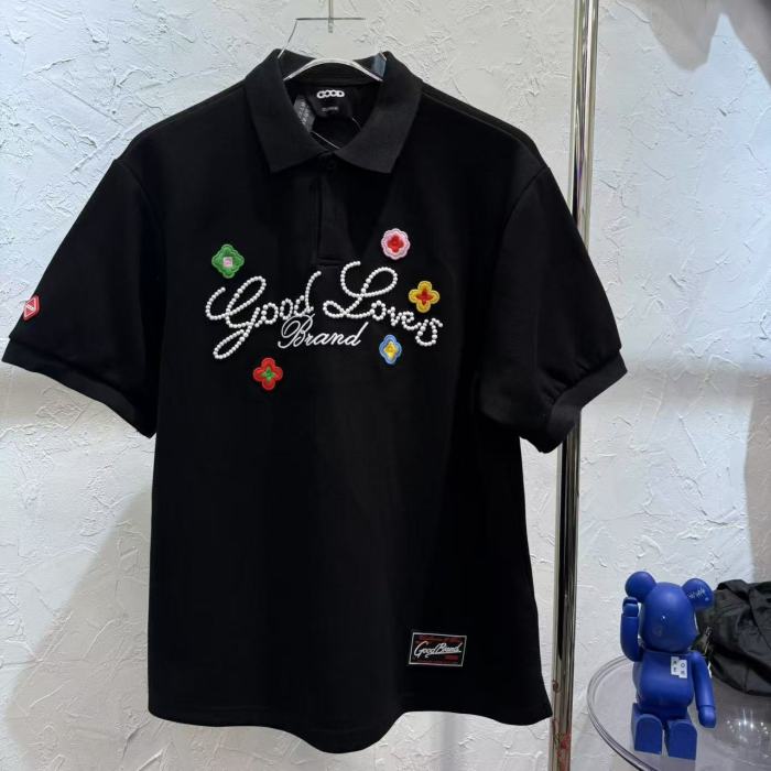 Air Layer Pique Unisex Streetwear Cursive Rhinestone Slogan Colorful Floral Embroidery Lapel Polo Shirt 2 colors 29220108