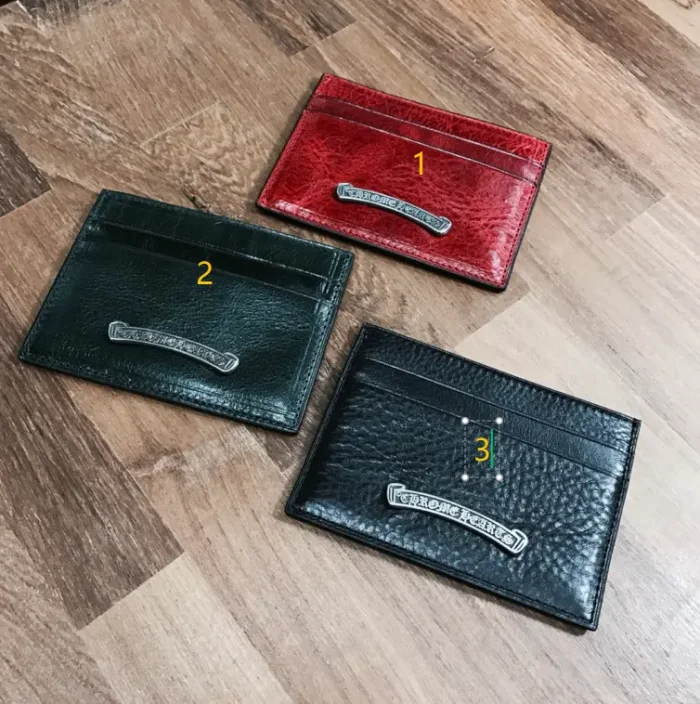 Cow Leather Curved Metal Bar Logo Slim Double Slot Credit Card Wallet 3 colors 29222385