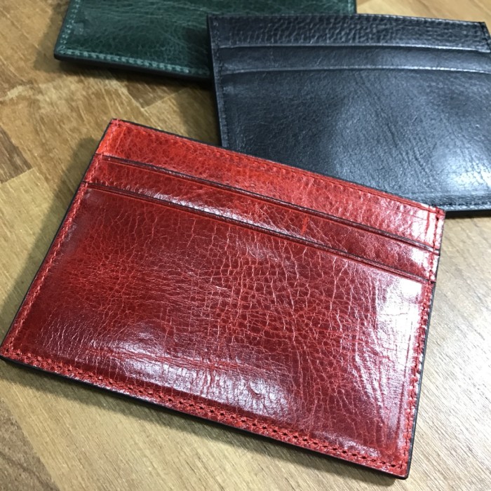 Cow Leather Curved Metal Bar Logo Slim Double Slot Credit Card Wallet 3 colors 29222385