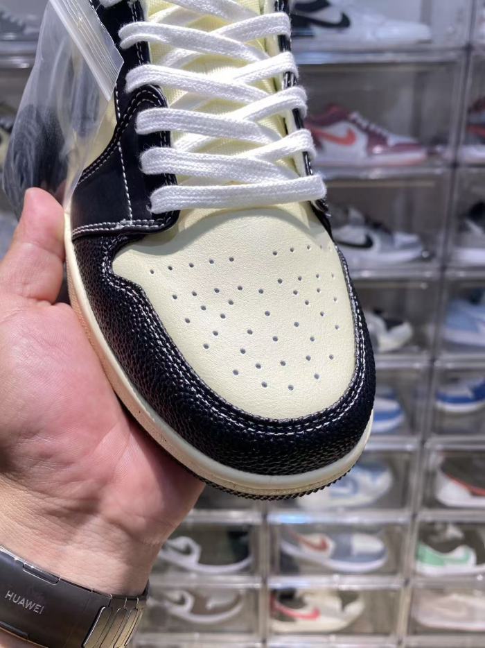 [plus-size shoes] Air @j1 Low Cracked Toe Woven Collar Two Tone Black Beige Contrast Sneakers 29225228