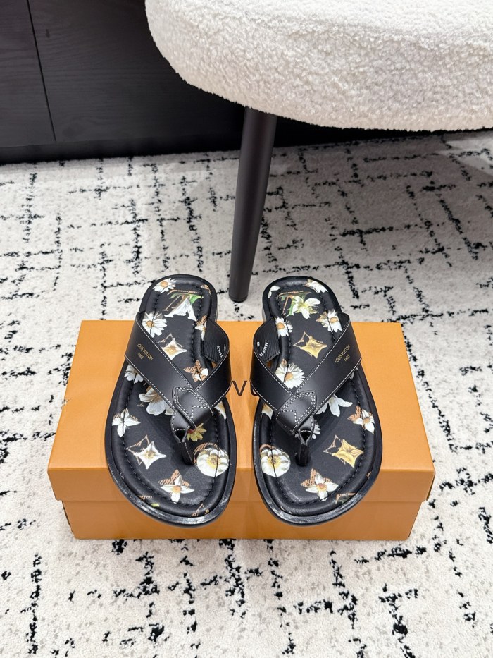 [plus-size shoes]1:1 quality version Floral Print Black Leather Flip Flops Flat Thong Sandals 6 colors 29247615