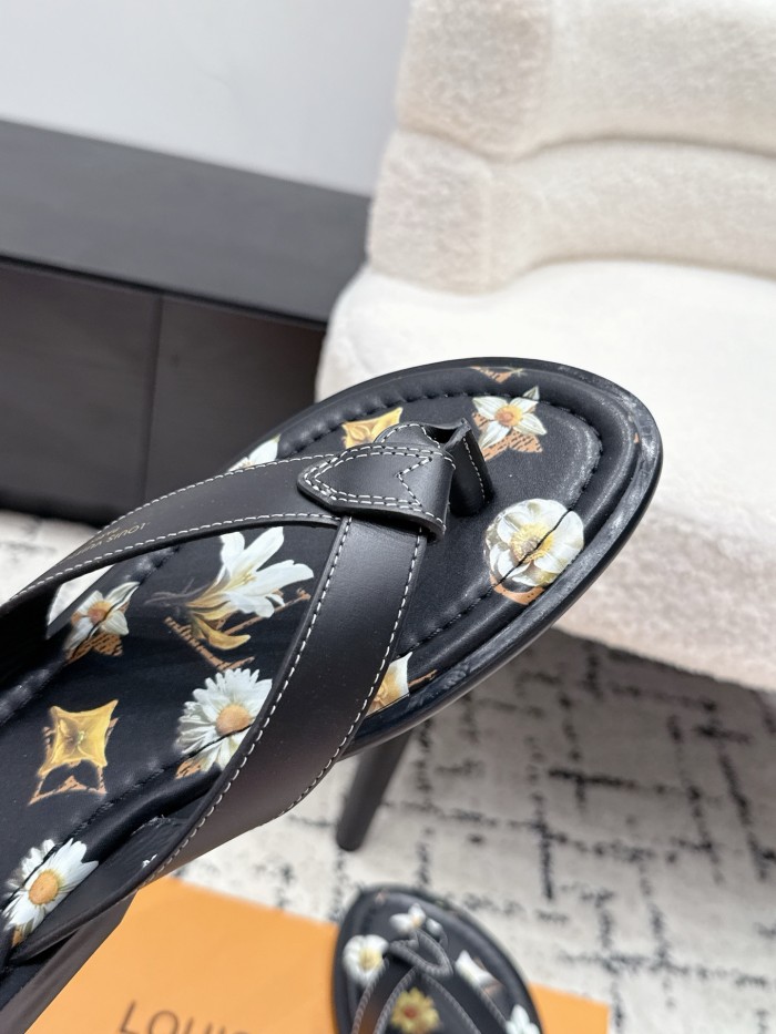 [plus-size shoes]1:1 quality version Floral Print Black Leather Flip Flops Flat Thong Sandals 6 colors 29247615