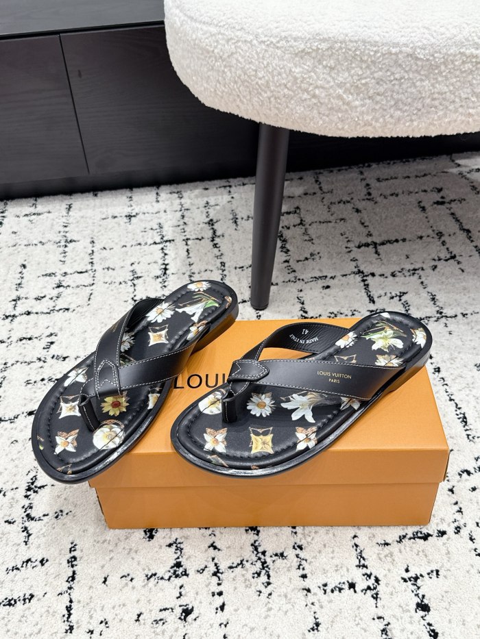 [plus-size shoes]1:1 quality version Floral Print Black Leather Flip Flops Flat Thong Sandals 6 colors 29247615