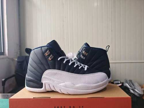 [plus-size shoes] Air @j12 Retro Navy Obsidian White Genuine Leather Shock Absorbing High Top Basketball Shoes 29284089