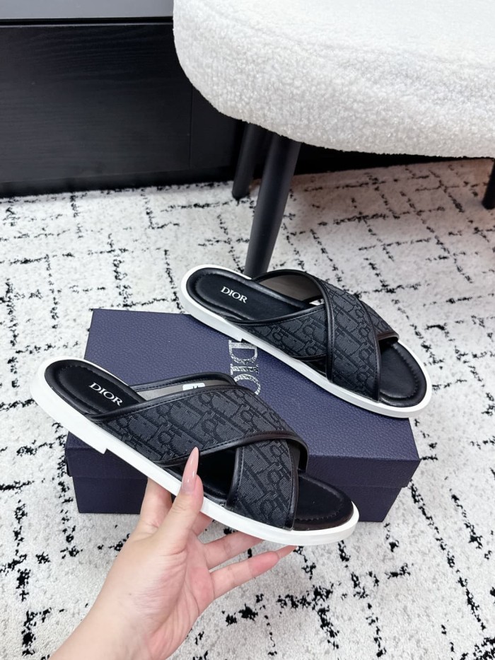 [Plus-size shoes]1:1 quality version Oblique Jacquard Cross Strap Leather Flip Flops Slippers 3 colors 29285546