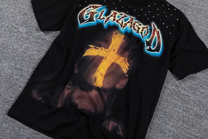 High Street Neck Rhinestone Cross Portrait Gradient Letter Double Sided Print T-Shirt 29287063