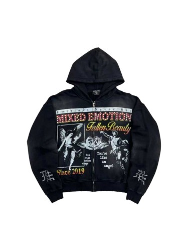 High Street Washed Black Angel Art Rhinestone Letter Full Zip Oversized Hoodie 29287174