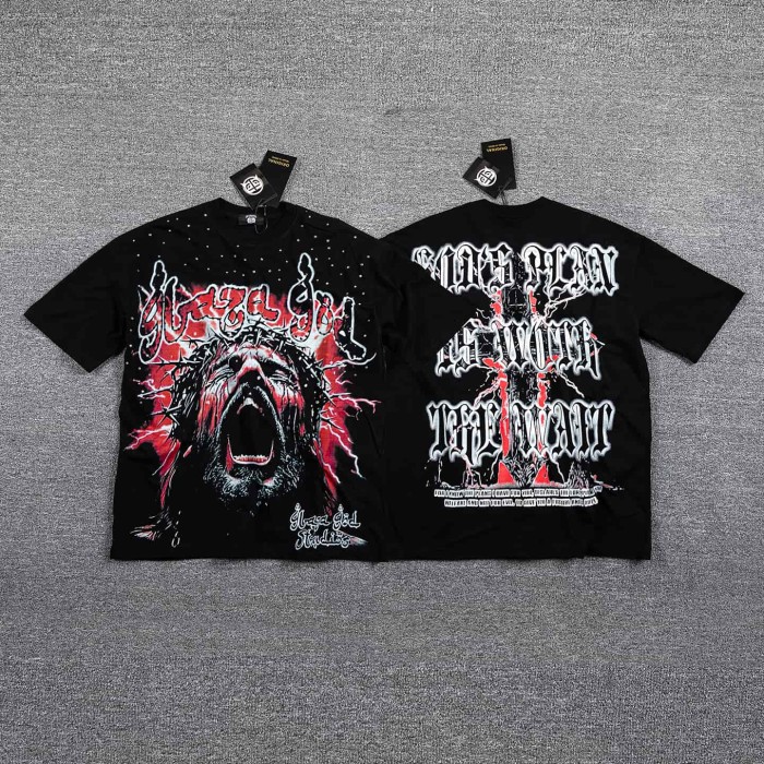 Neck Rhinestone Thorn Crown Jesus Lightning Graphic Double Sided Print T-Shirt 2 colors 29287070