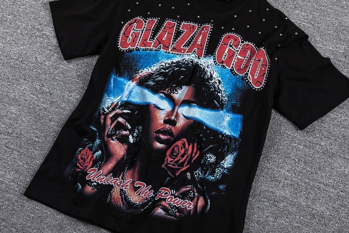 High Street Neck Rhinestone Laser Eyes Lady Rose Skull Graphic Double Sided Print T-Shirt 29287068