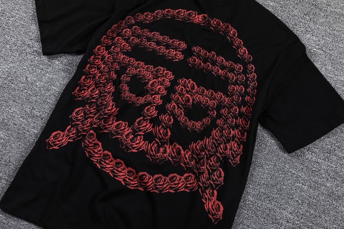 High Street Neck Rhinestone Laser Eyes Lady Rose Skull Graphic Double Sided Print T-Shirt 29287068