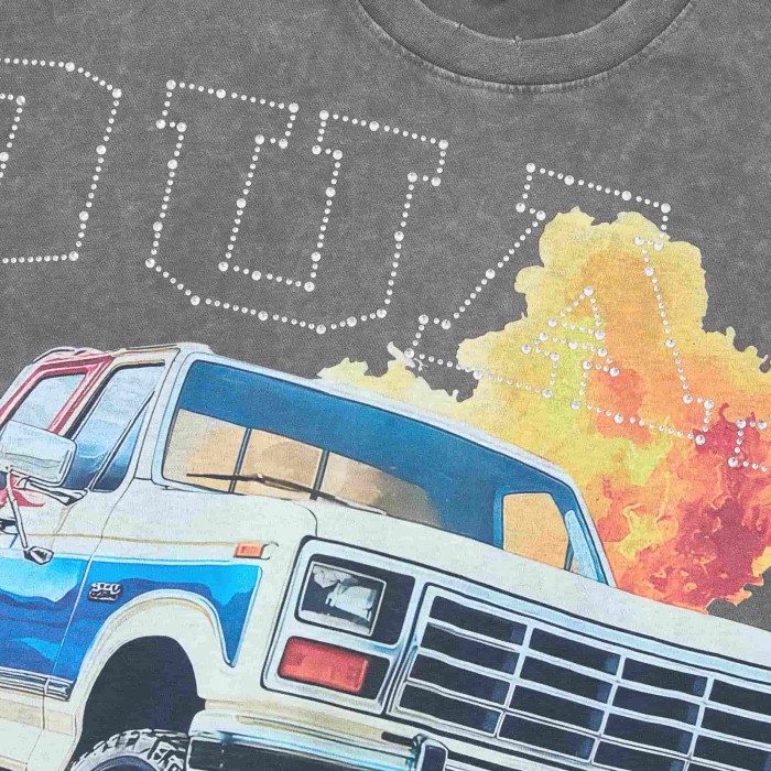 Pull Up Rhinestone Spelled Logo Vintage Pickup Truck Stacked Cash Explosion Single Side Print Tee 29288373