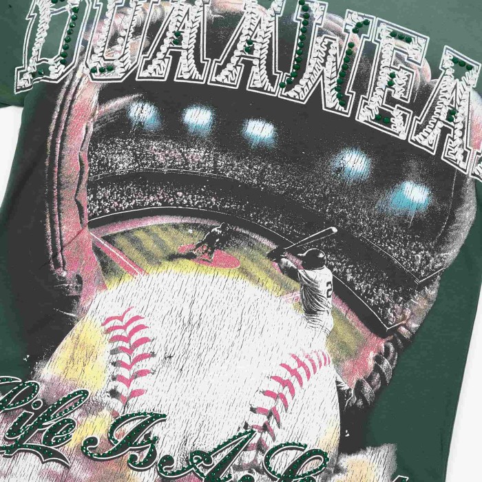 Rhinestone Texture Letter Life Is A Sport Vintage Baseball Stadium Double Sided Print Oversized Tee 29288412