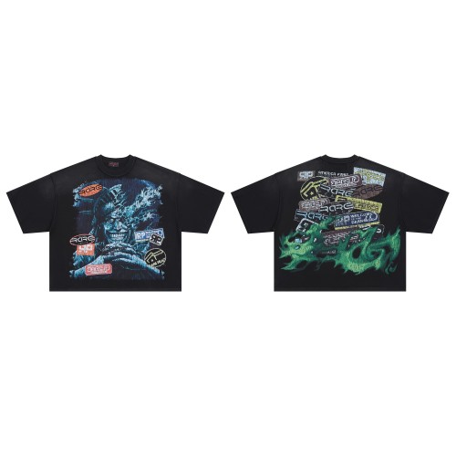 Distorted Evil Portrait Sticker Collage Green Flame RP Letter Double Sided Print Washed Tee 29288457