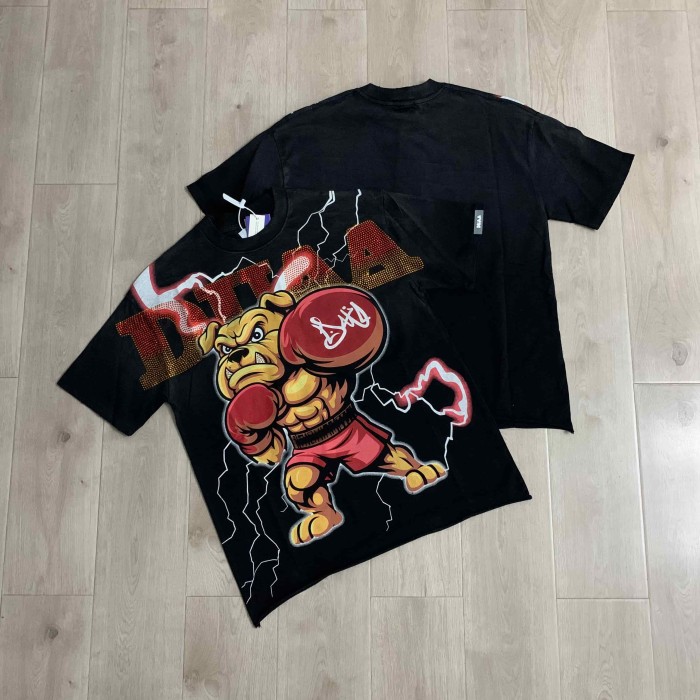 Gradient Rhinestone Letter Boxer Bulldog Lightning Background Front Only Print Oversized Tee 29288421