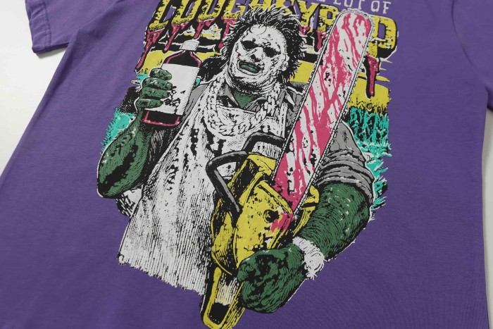 Halloween Hip Hop Bootleg Distressed Clown Holding Syrup Bottle & Chainsaw Print Front Contrast Dripping Edge Typography Tee 2 colors 29302215