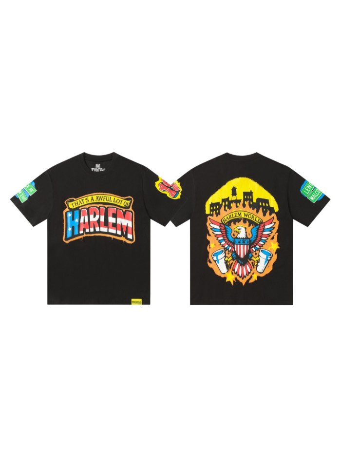 Retro American Street Eagle Urban Scene Dual Sleeve Label Print Contrast Patriotic Typography Tee 29302279