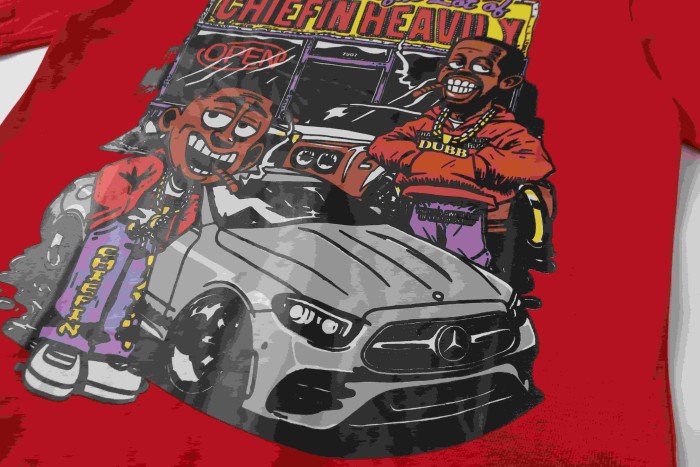 Streetwear Retro Comic Car Figure Illustration Dual Side Outline Bold Typography Tee 2 colors 29302243