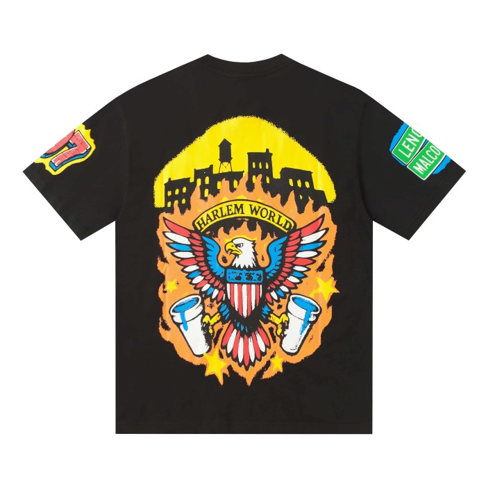 Retro American Street Eagle Urban Scene Dual Sleeve Label Print Contrast Patriotic Typography Tee 29302279