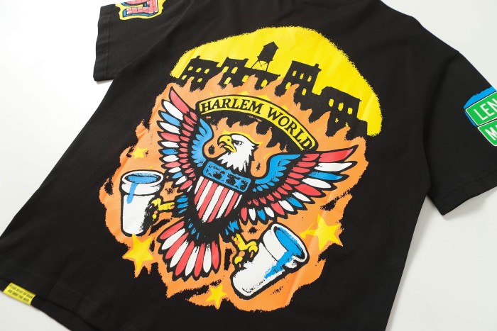 Retro American Street Eagle Urban Scene Dual Sleeve Label Print Contrast Patriotic Typography Tee 29302279