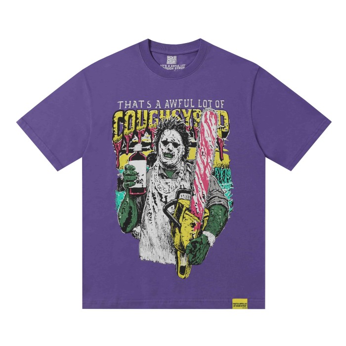 Halloween Hip Hop Bootleg Distressed Clown Holding Syrup Bottle & Chainsaw Print Front Contrast Dripping Edge Typography Tee 2 colors 29302215
