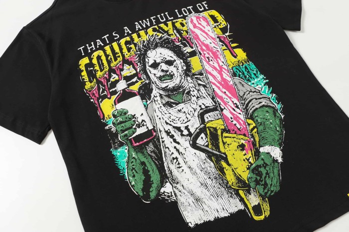 Halloween Hip Hop Bootleg Distressed Clown Holding Syrup Bottle & Chainsaw Print Front Contrast Dripping Edge Typography Tee 2 colors 29302215
