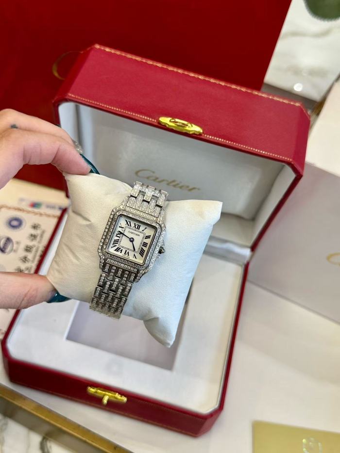 Panthère Series Fully Paved Round Diamonds Steel Bracelet Quartz Watch【Dial size: 24x28 mm】2colors 29303920