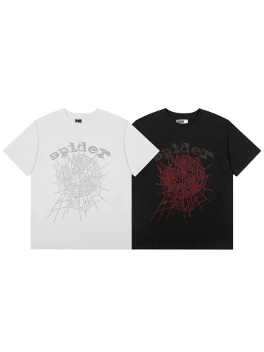 Y2K Drill Streetwear Full Rhinestone Hotfix Crystal Spider Web & Spider Letter Front Print Two-Tone T-Shirt 2 colors 29304837