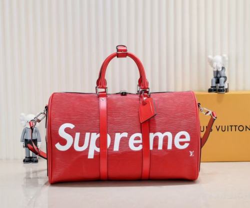 Red Textured Leather Travel Duffel Bag Street Logo Print Barrel Duffle Bag 29306469