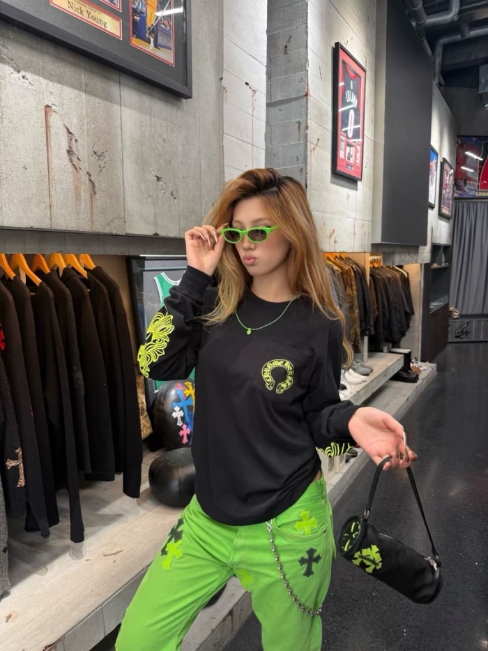 1:1 quality version Back Fluorescent Yellow-Green Horseshoe Print Long Sleeve T-Shirt 2 colors 29306218