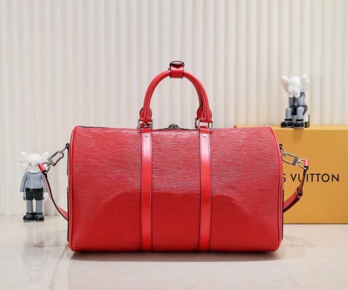 Red Textured Leather Travel Duffel Bag Street Logo Print Barrel Duffle Bag 29306469