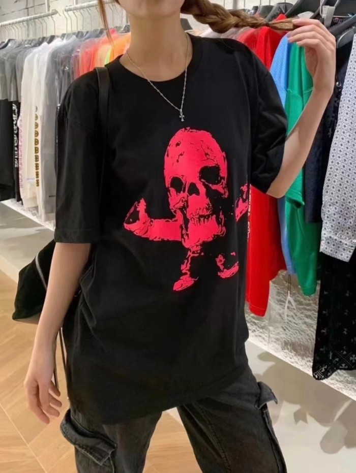 1:1 quality version Fluorescent Pink Skull Print Tee 2 colors 29306212