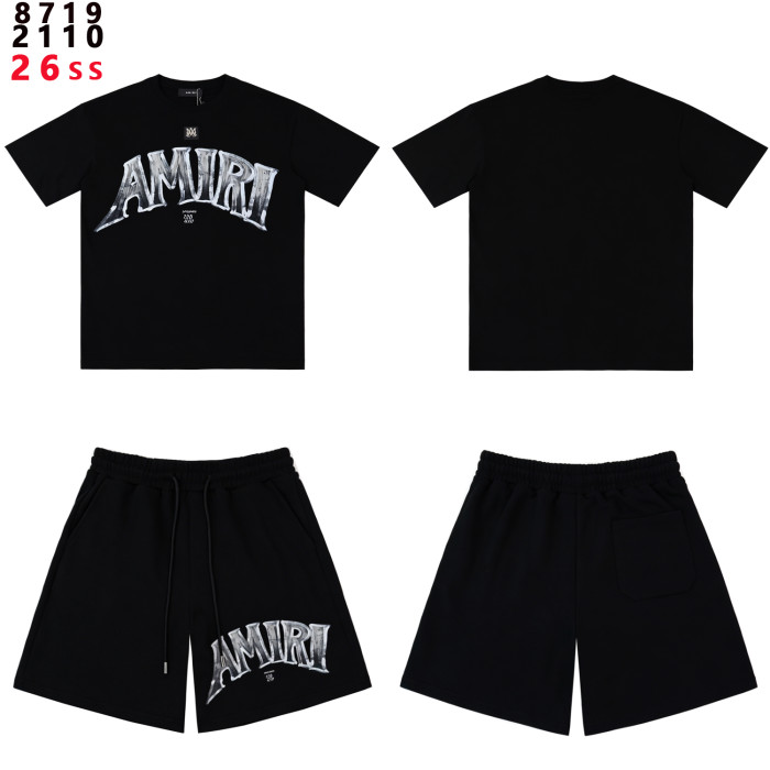 Gradient Crack Texture Big Arch Letter Print T-shirt & Sweat Shorts Set 2 colors 29307015