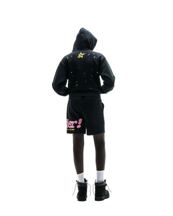 [Big & Tall for weights up to 220 lbs]1:1 quality version Pink Letter Black Mesh Black Zip Hoodie & Shorts Set 29319550