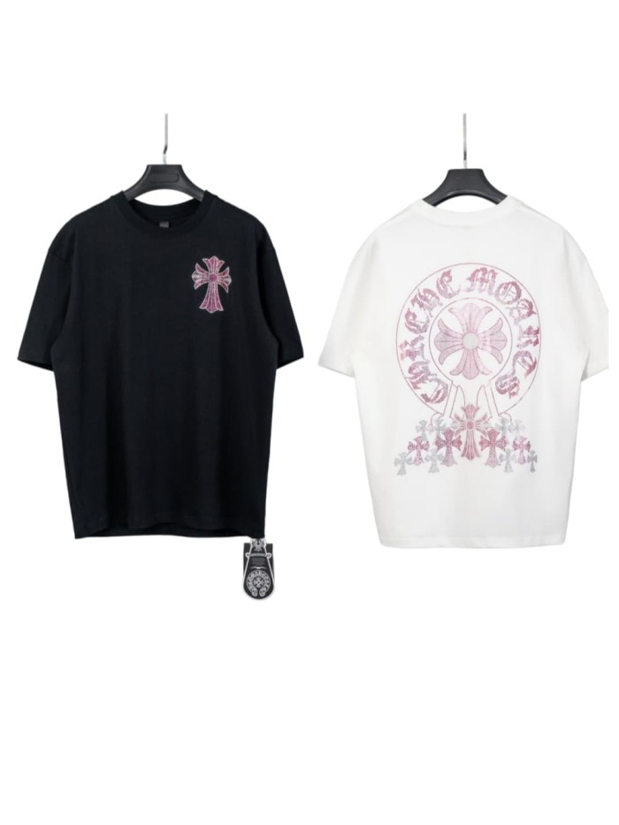 1:1 quality version High Street Pink Rhinestone Horseshoe Multi Cross Logo Oversized Crew Neck Unisex T-shirt 2 colors 29319422
